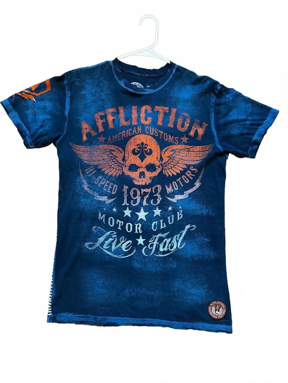 Affliction American Customs T-Shirt Mens L Blue Orange Live Fast Skull